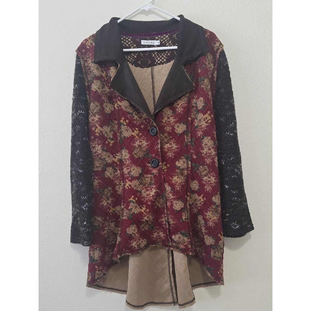 Adore Victorian, Boho. Mixed-Print Floral Button Front Jacket - Burgundy/browm M